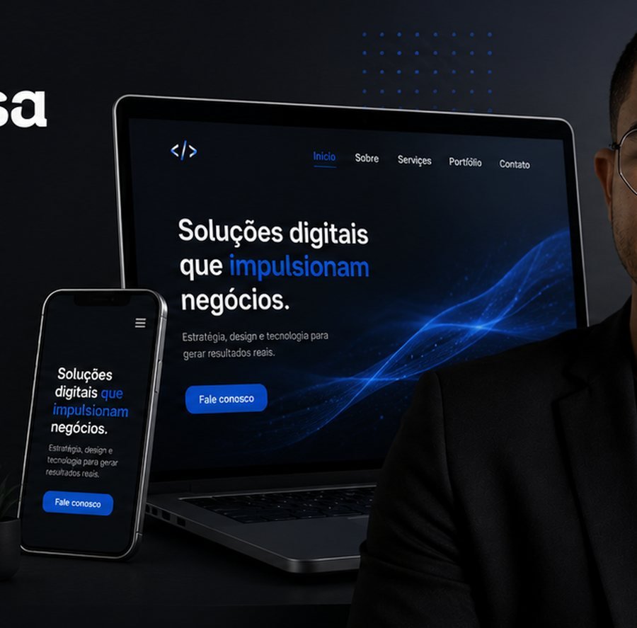 Site desenvolvido pela Carlos DigiTech aberto em um notebook e em um celular, mostrando o mesmo layout adaptado às duas telas